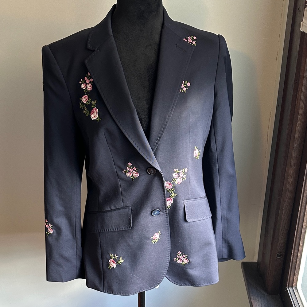 Brooks Brothers Navy Blazer with Pink Floral Embroidery